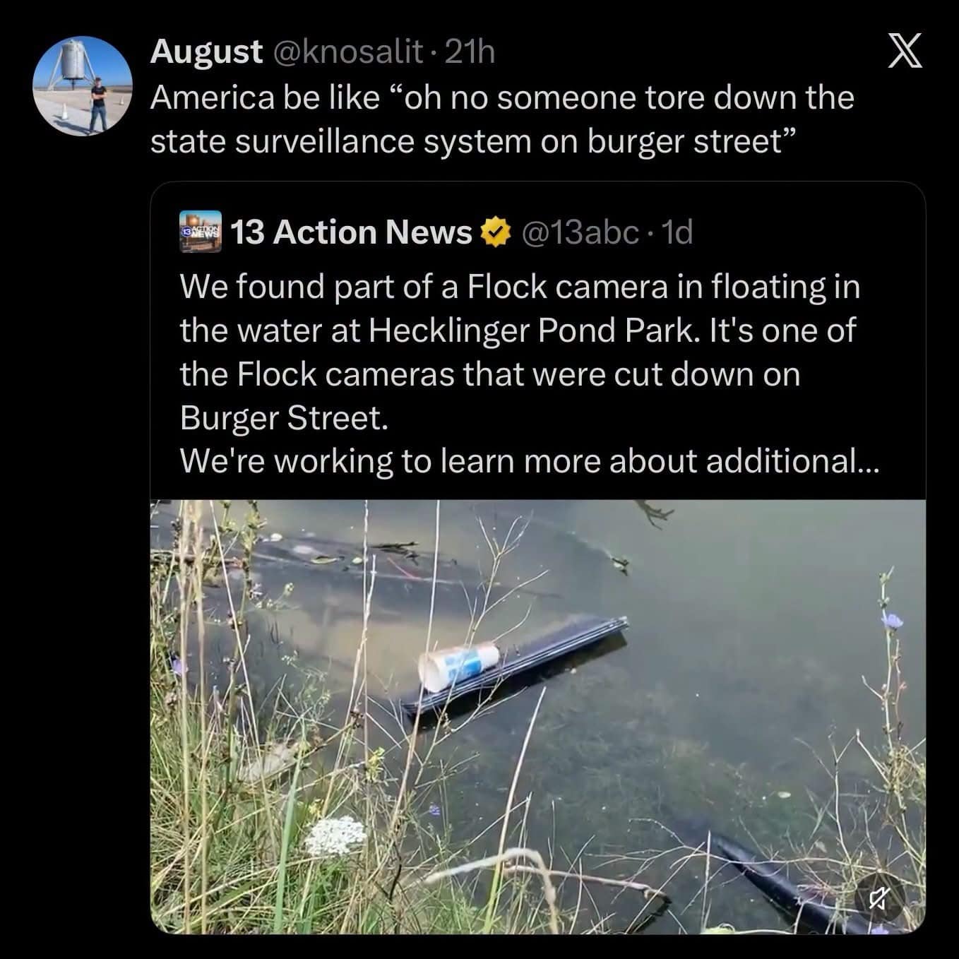 Social media post mocking a local news report about a cut-down police surveillance camera pulled out of a pond on "Burger Street" in a satirical meme dump tweet.