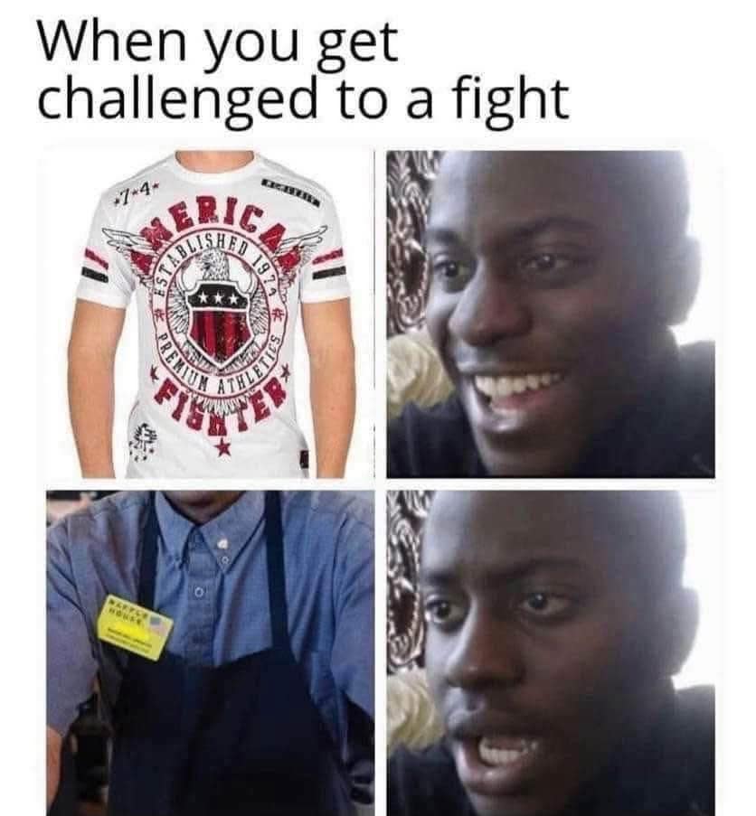 Four-panel comic showing excitement over fighting someone in an American Fighter t-shirt turning into pure terror upon recognizing a Waffle House employee apron.