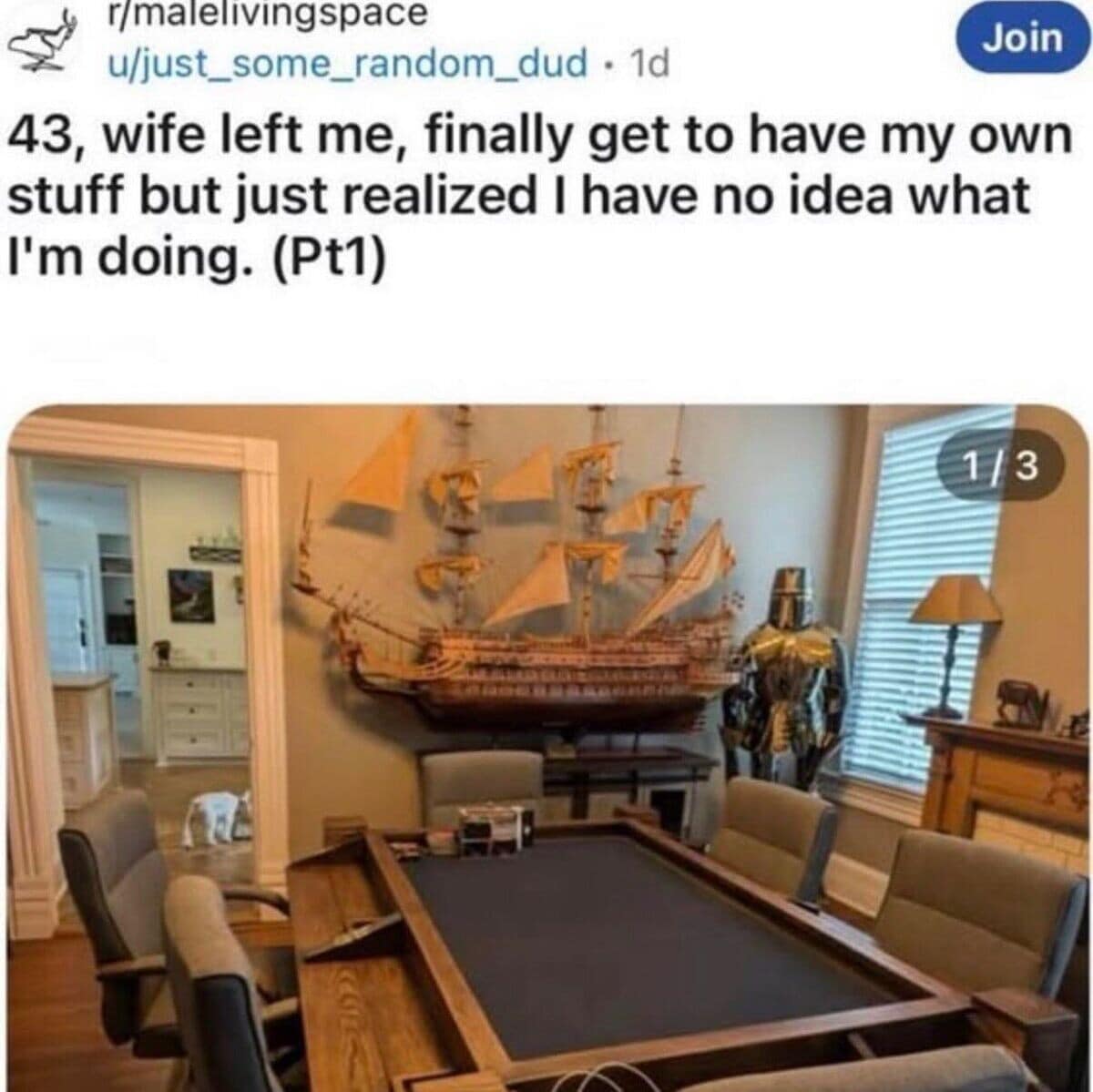 A post-divorce bachelor pad photo shared as a funny meme showing a 43-year-old's living room fitted with a giant wooden pirate ship, suit of armor, and gaming table.