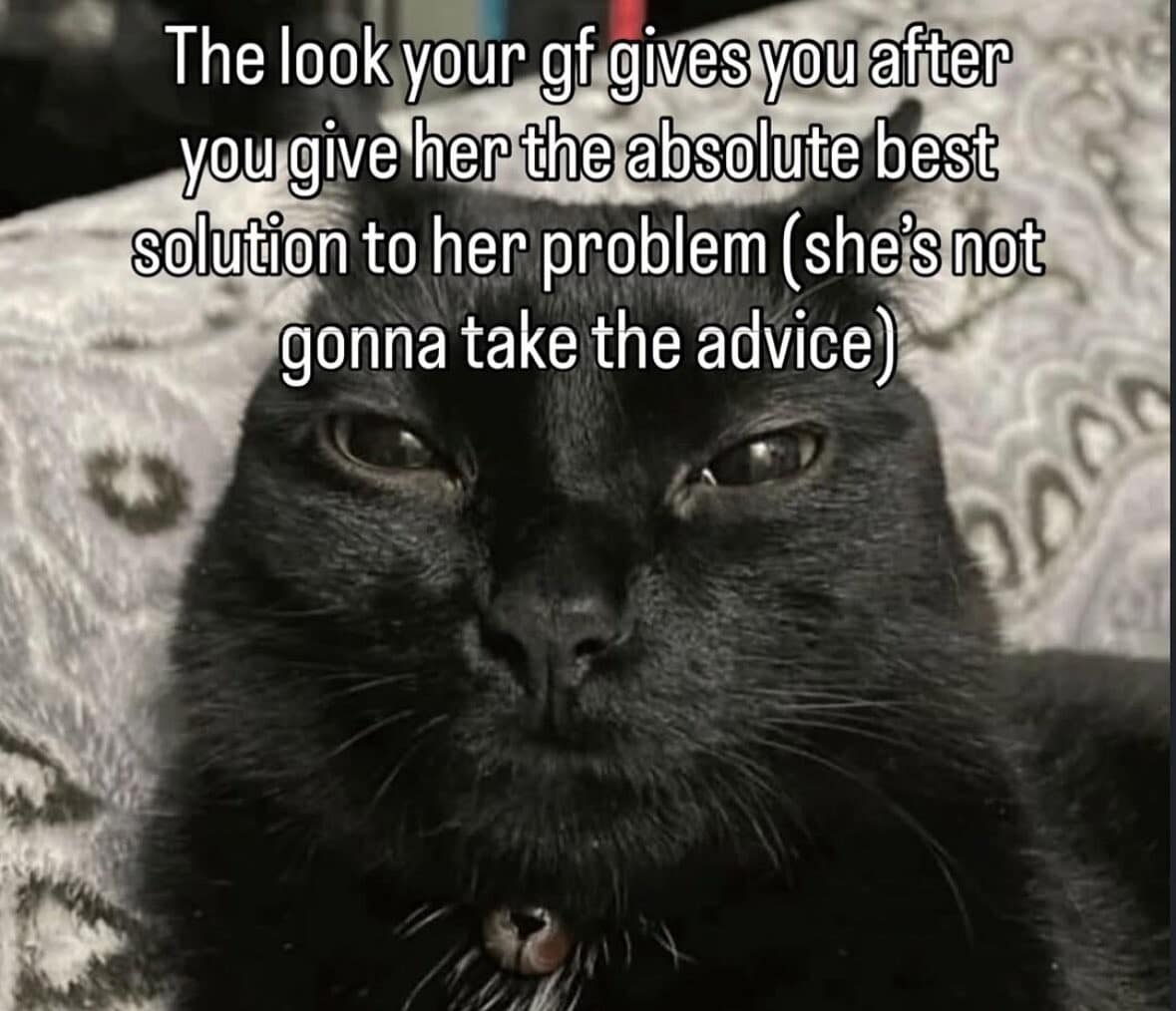 A glaring cat relationship expression in this funny meme set showing a black cat squinting suspiciously under text about offering a girlfriend an unwanted logical solution to her problems.