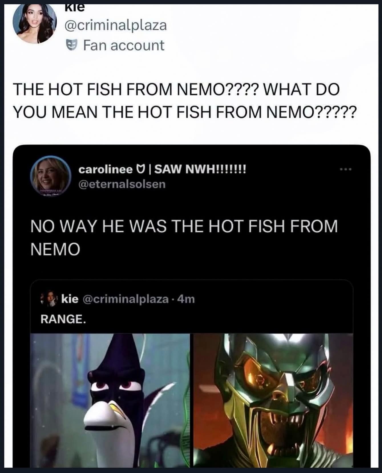 An actor versatility revelation in a meme dump pairing Willem Dafoe's Green Goblin with Gill from Finding Nemo, causing shock that Gill is considered "the hot fish."