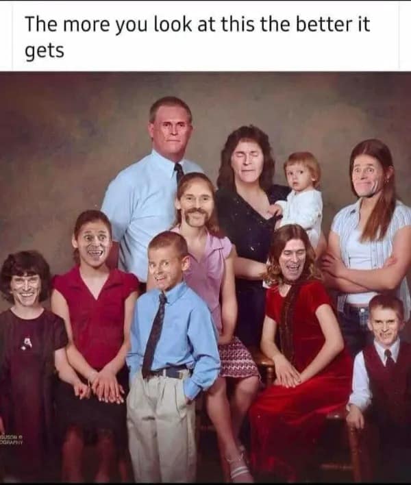 A cursed family portrait photo edit in a meme dump where every family member's face has been replaced with Willem Dafoe's grinning mug.