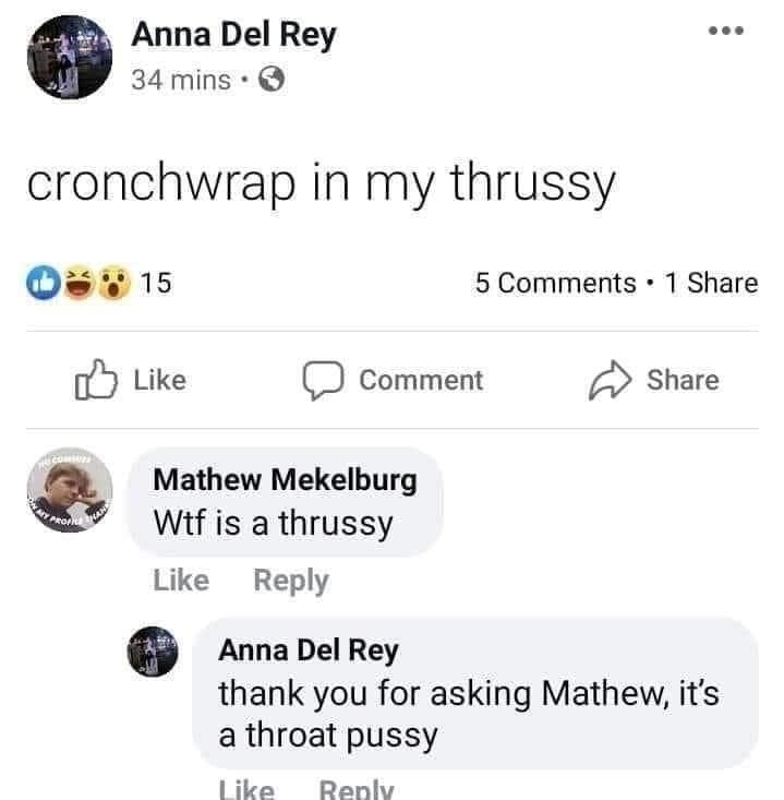 Facebook social media comment exchange where a user named Anna Del Rey defines her bizarre slang word "thrussy" after eating a Taco Bell Crunchwrap.