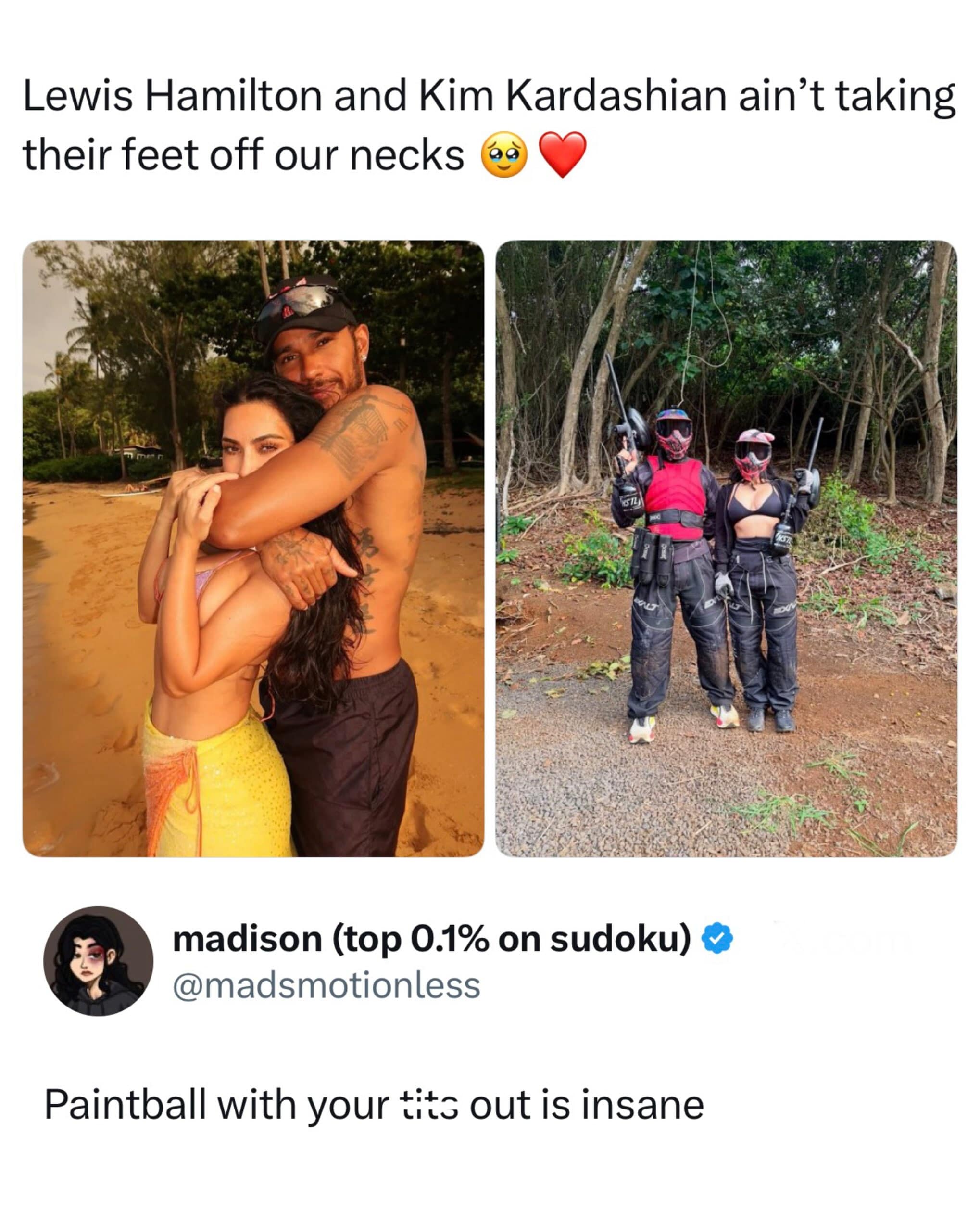 Photos of Formula 1 driver Lewis Hamilton and Kim Kardashian on vacation and playing paintball in the woods, with a comment questioning playing paintball in a bikini top.