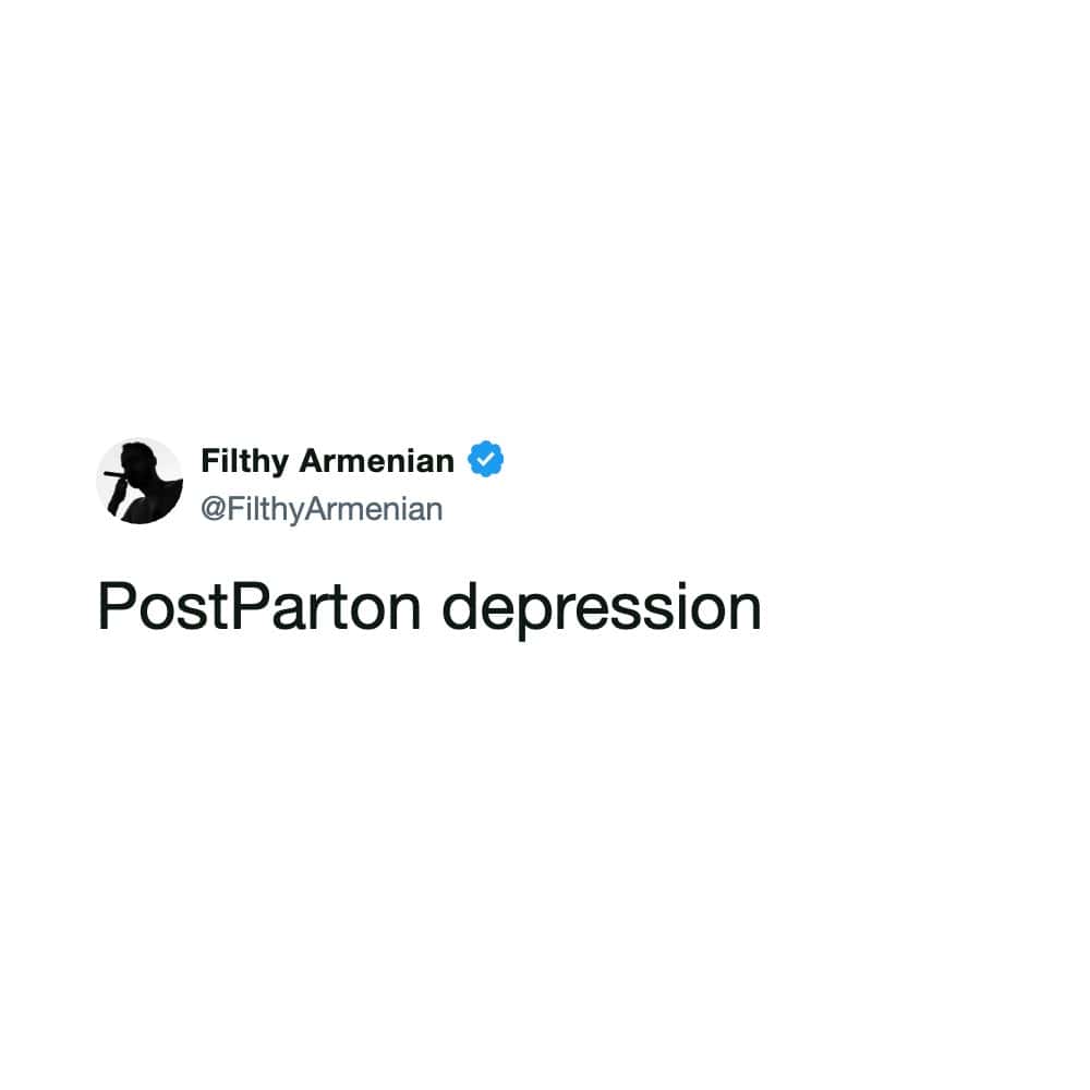 Short text tweet presenting the clever, single-phrase pun "PostParton depression" in a funny meme.