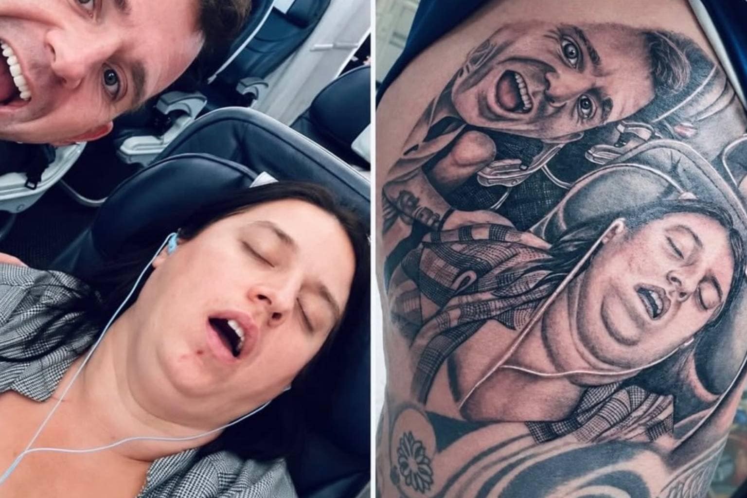 An unhinged meme dump collection highlighting viral web comedy and oddities, featuring a Honda Odyssey minivan captain's chair converted into a rolling gaming desk seat, a husband sporting a detailed thigh tattoo of his wife snoring on an airplane, and a girl relaxing during a budget spa night with Uncrustables PB&J sandwiches placed over her eyes.