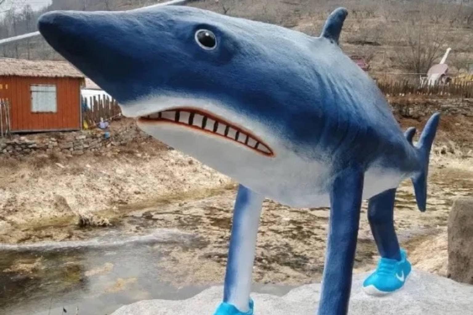 An eclectic meme dump master collection packed with internet absurdism, featuring a surreal four-legged shark statue wearing blue Nike sneakers, an insurance agency marquee altered to read "WE'LL SCARE YOU WITH OUR INSANE RATS," and an optical illusion wedding portrait where a bride riding a horse looks like a mythic centaur.