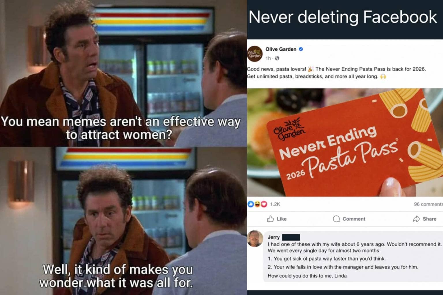 A comprehensive overview of a curated meme dump collection capturing modern digital humor, featuring Kramer from Seinfeld questioning the romantic value of internet memes, a scrap dealer stealing speed limit signs to melt into ingots to pay his ticket, and a hilarious Facebook argument over whether "AI" stands for "artofficial intelligence."
