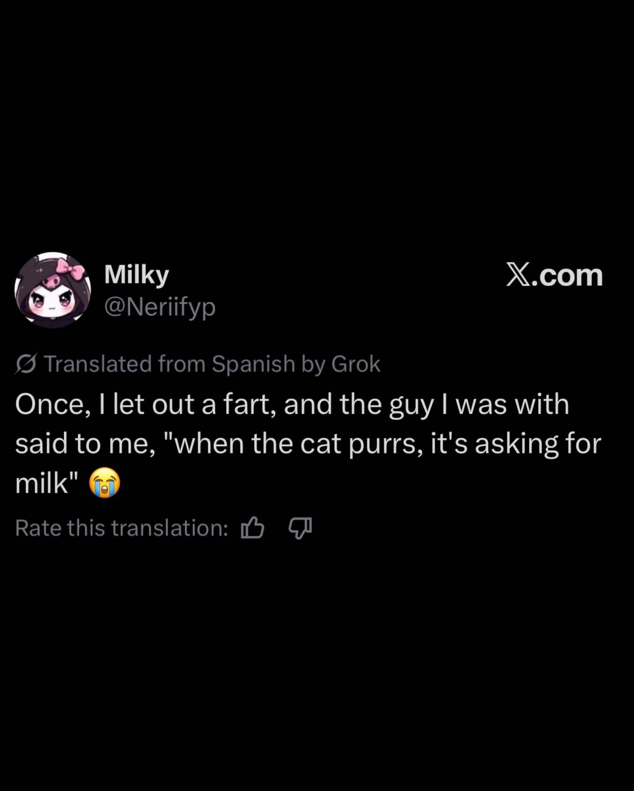 Funny social media tweet post translation about a funny relationship joke and cat purrs.