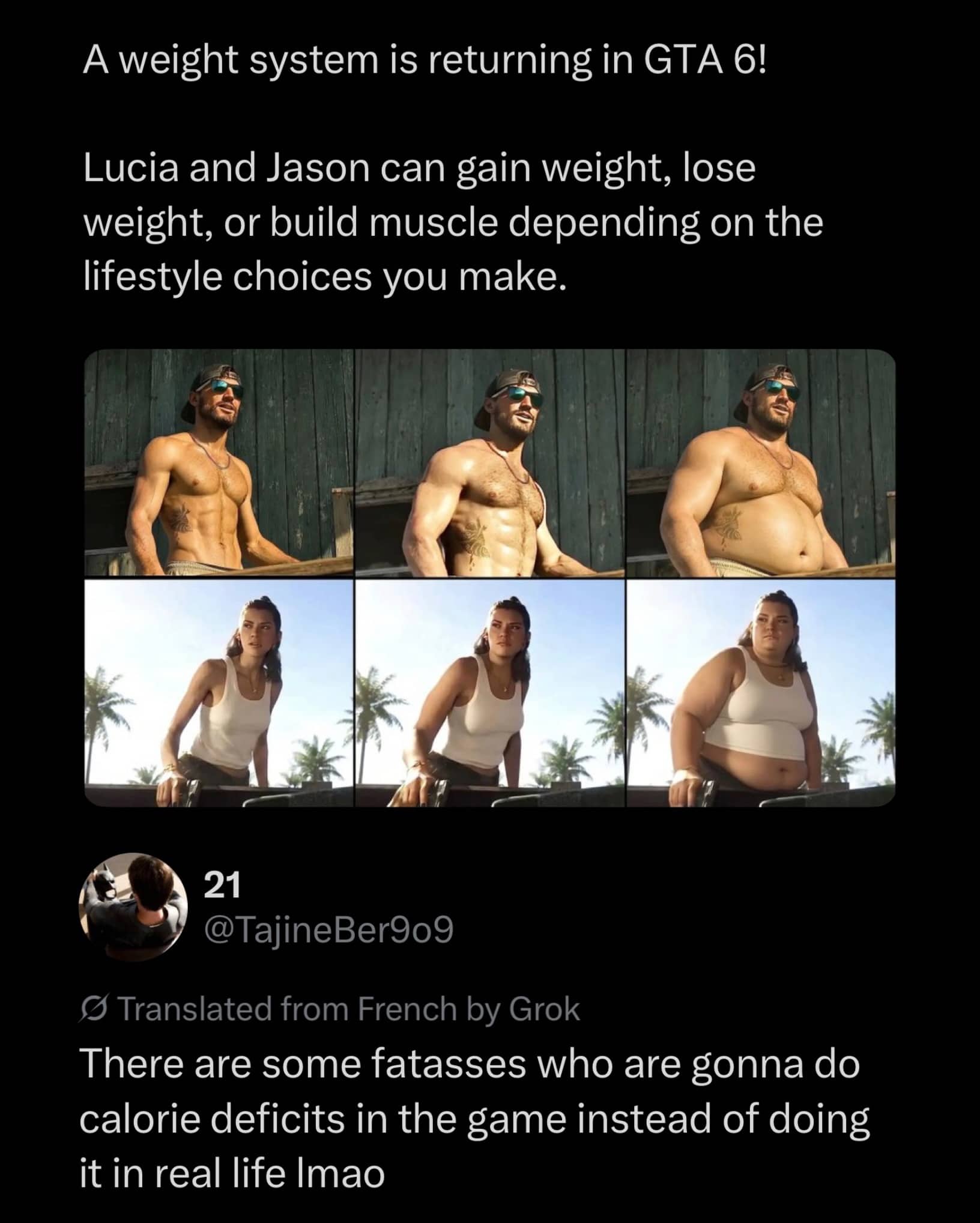 Gaming meme showing GTA 6 characters gaining weight with a funny commentary post below.