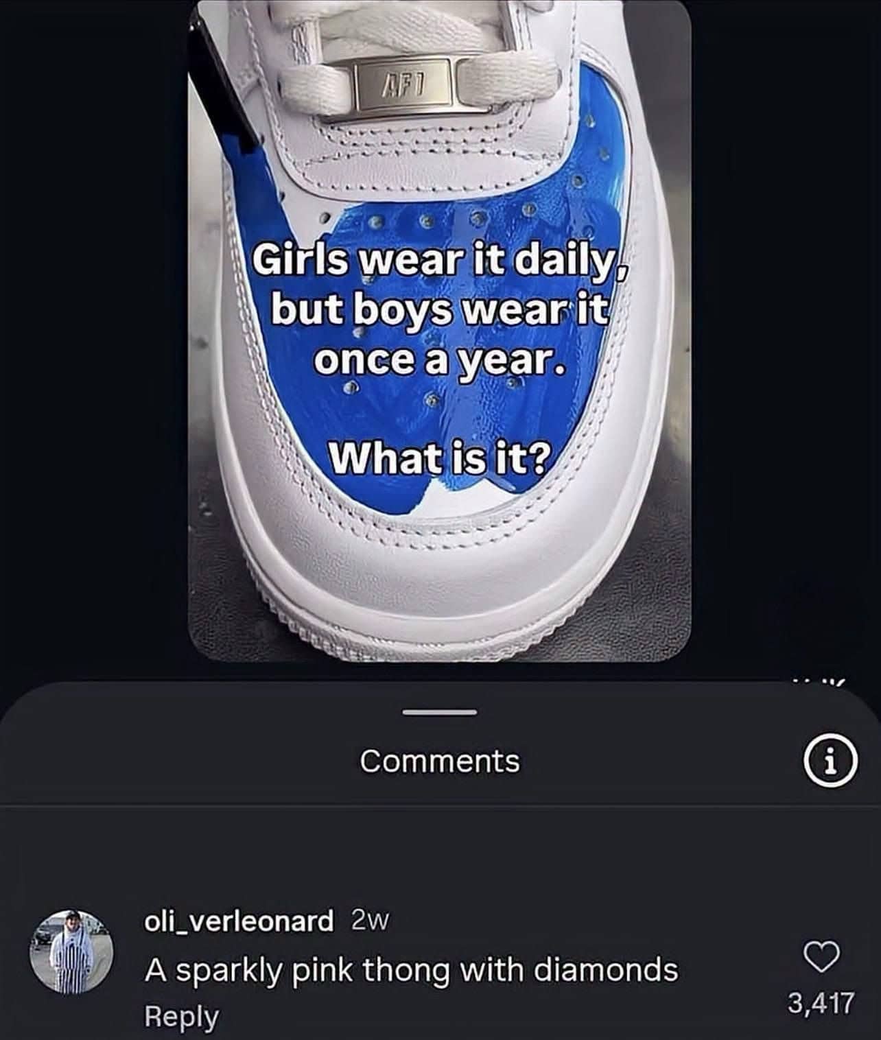 Social media riddle post on a white sneaker with a funny comment response, funny memes.