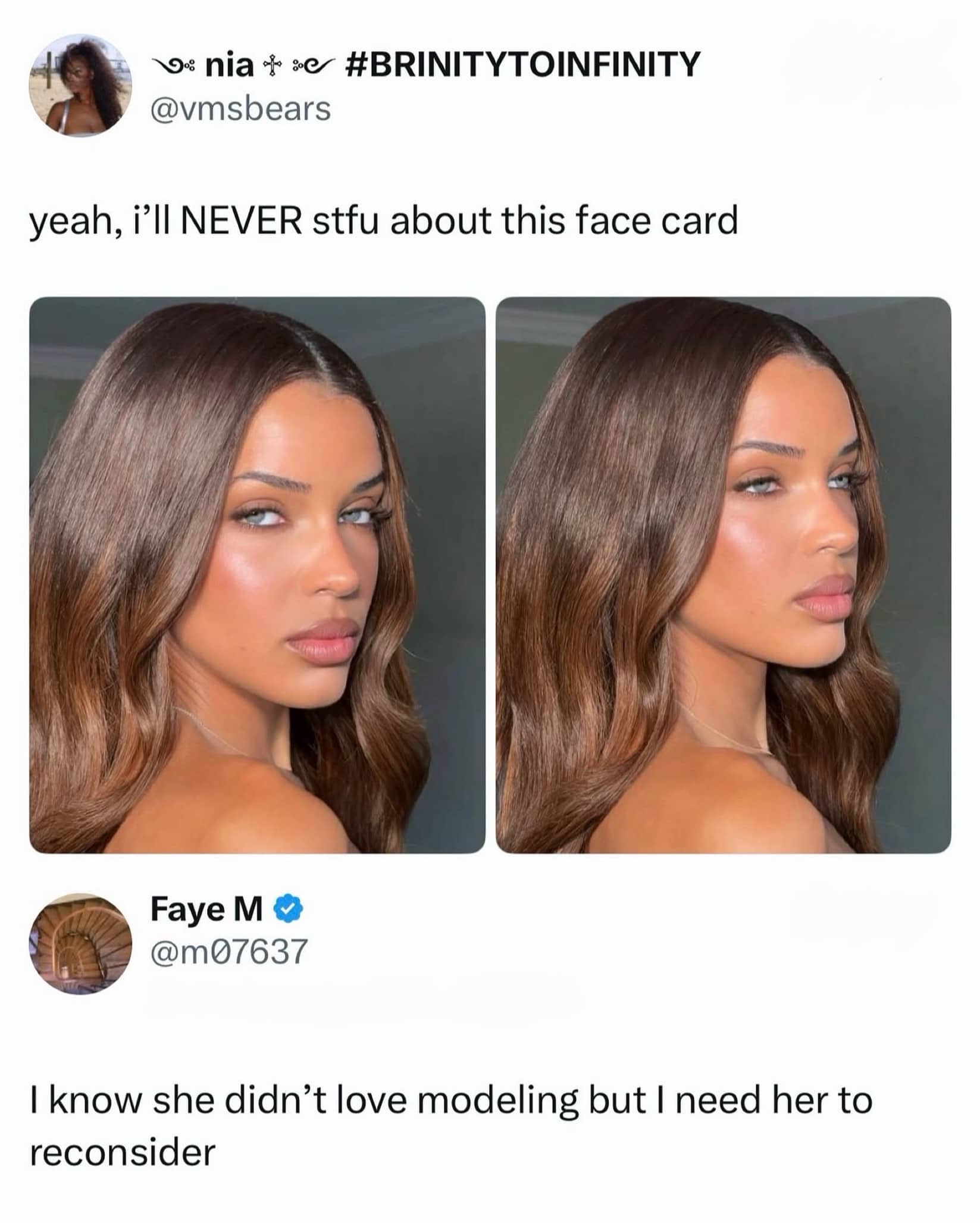 Social media post praising a stunning beauty model photo, expressing admiration for her facial aesthetic.