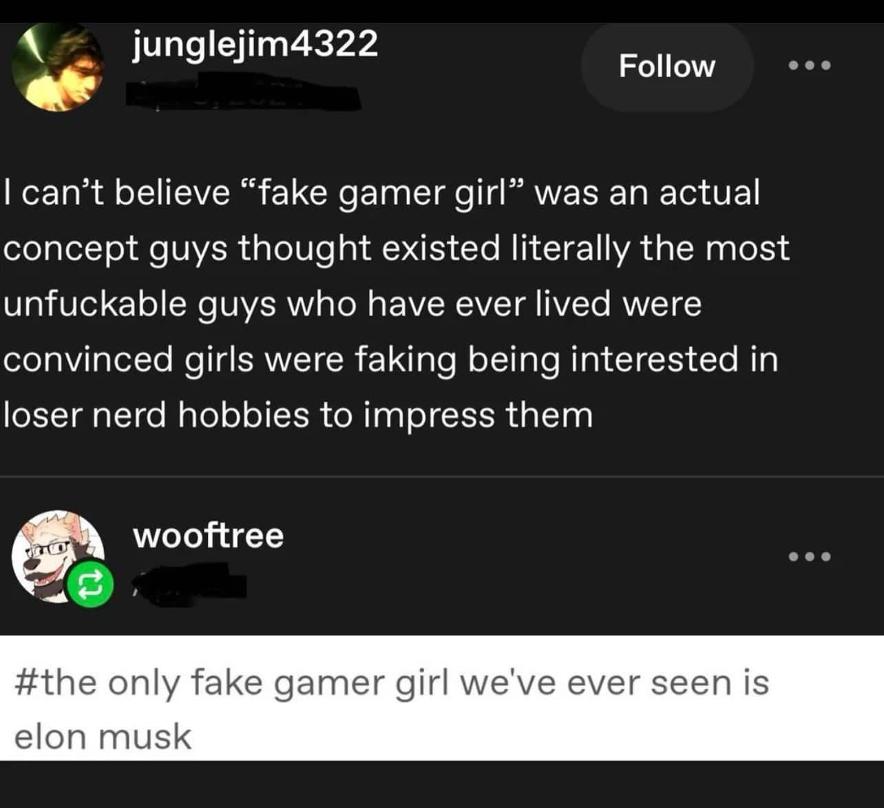 Text thread discussing the concept of fake gamer girls with a humorous comment, funny memes.