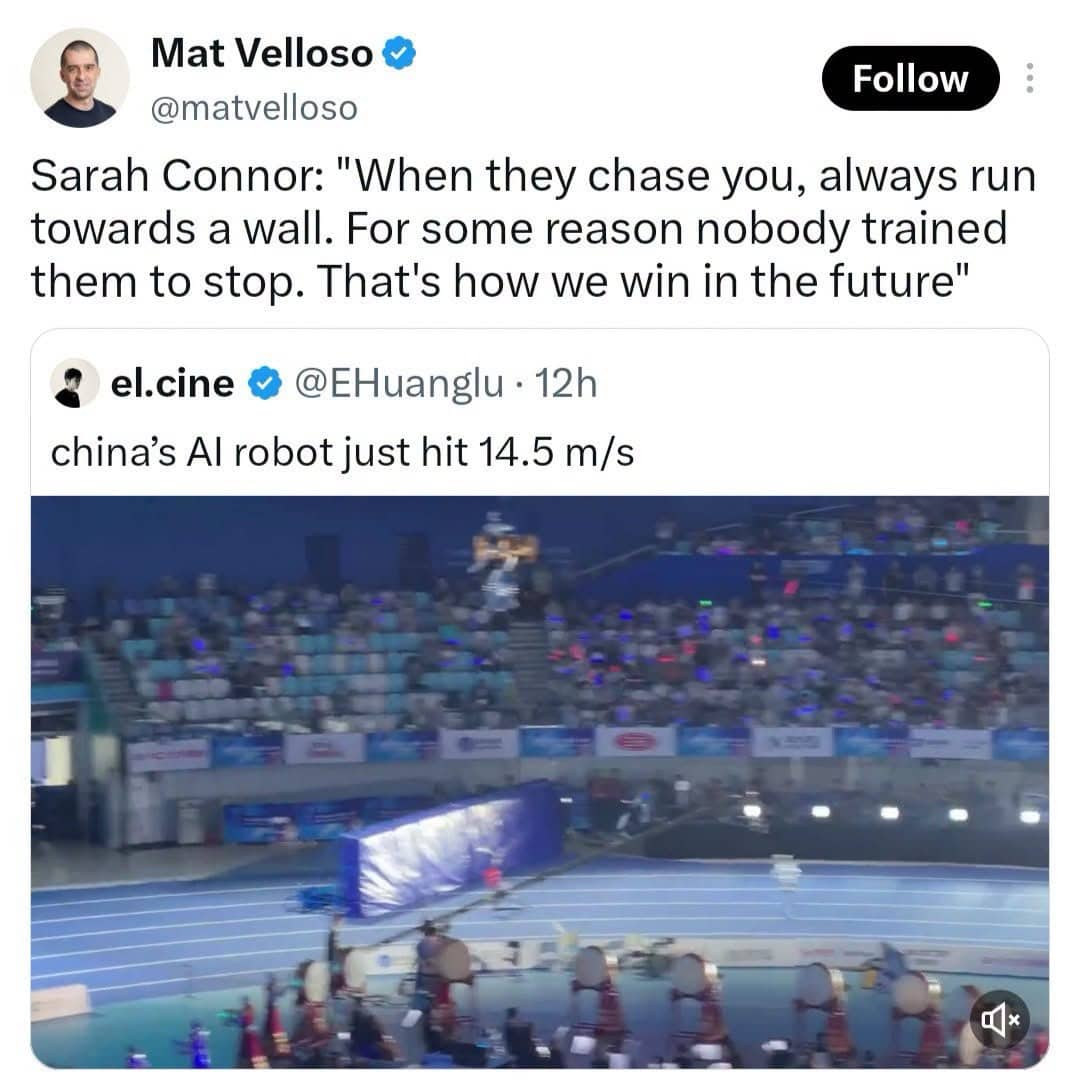 Social media post about fast AI running robot with humorous Terminator Sarah Connor reference meme.