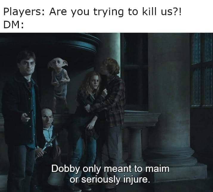 Harry Potter scene with Dobby quote used as a Dungeons and Dragons meme, funny memes.