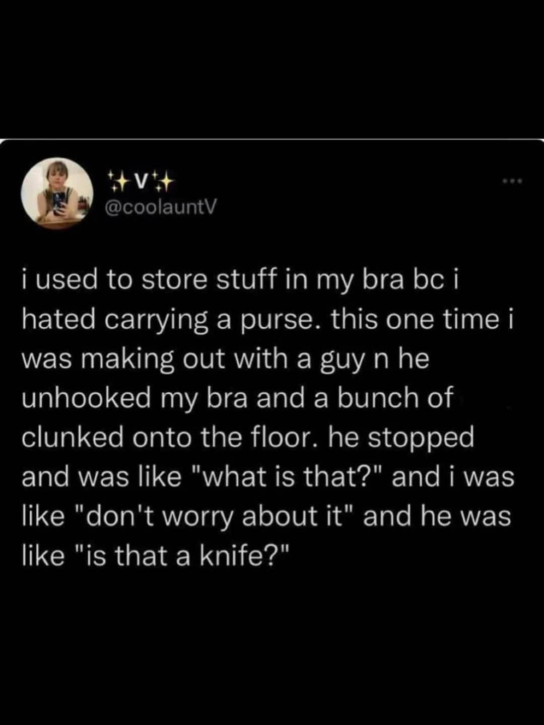 Social media post describing a funny story about dropping hidden objects stored inside a bra.