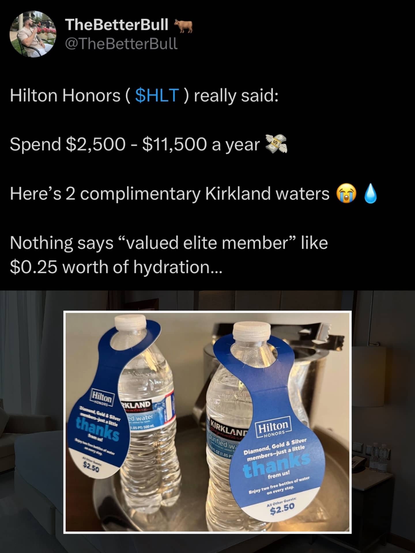 Two Kirkland bottled waters with Hilton Honors elite member tags mocking small hotel perks.