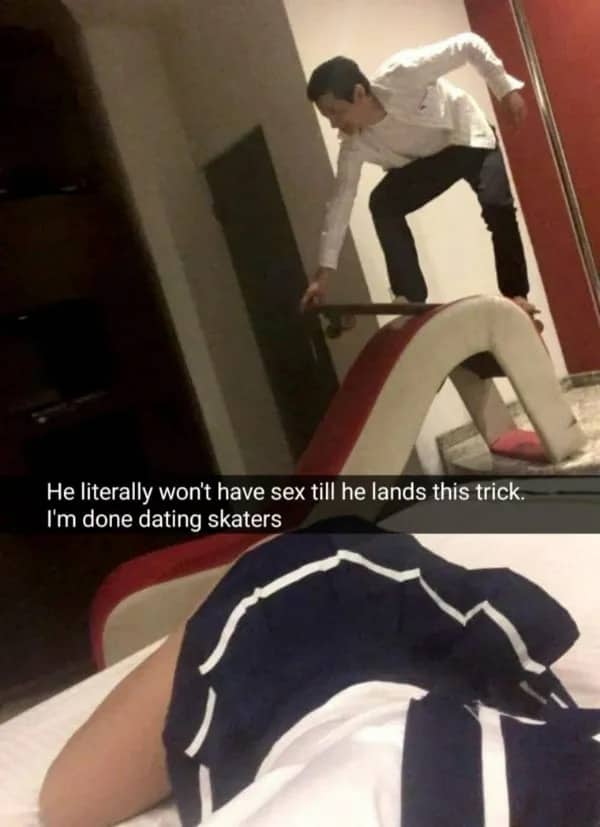 Skater attempting board trick indoors while date waits in bed funny relationship meme.