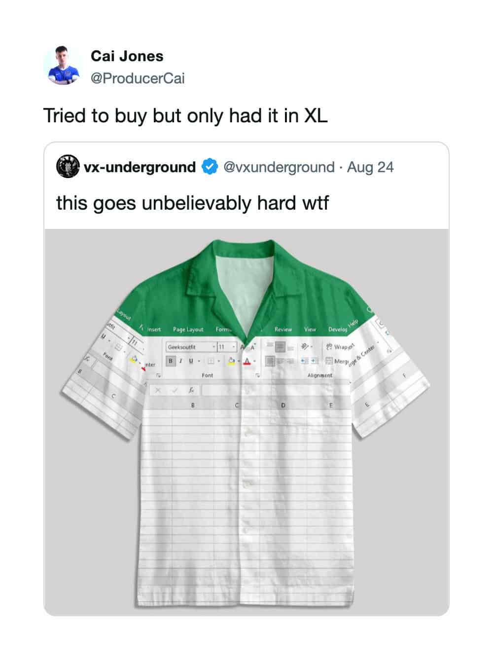 Social media meme displaying a short-sleeved collared shirt designed like a Microsoft Excel spreadsheet.
