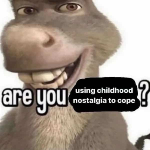 Relatable Donkey from Shrek meme asking if you are using childhood nostalgia to cope with life.