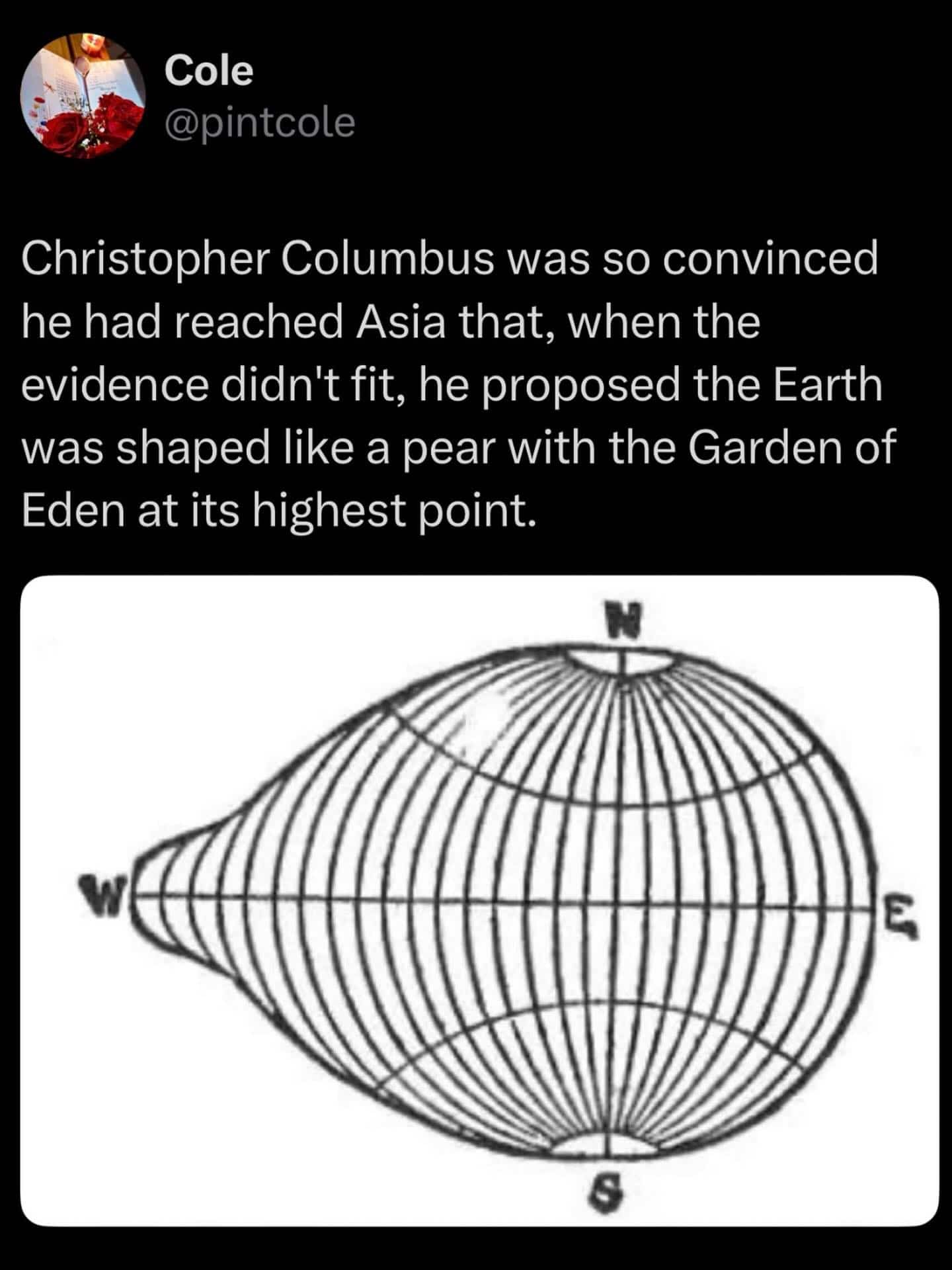 Diagram showing Christopher Columbus's theoretical pear-shaped Earth with text explaining his flawed geographical theory.