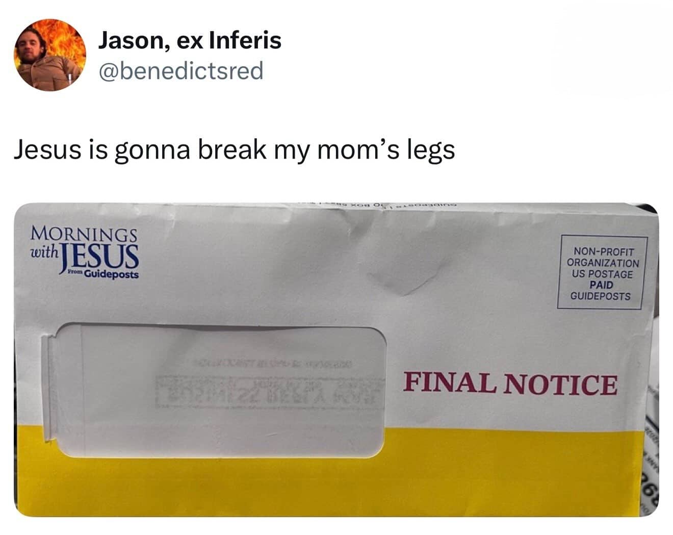 Funny tweet joke featuring a photo of an official mail envelope marked final notice from Jesus.