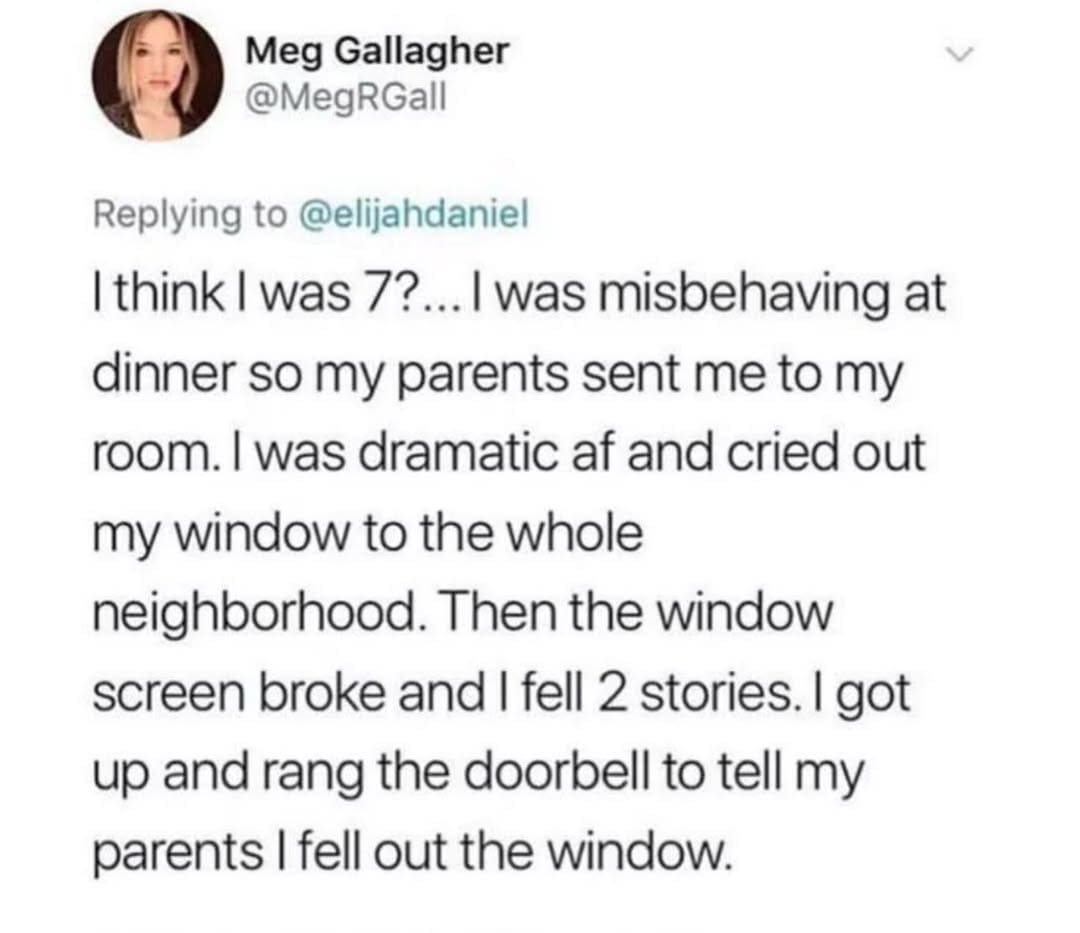 Funny social media story post about dramatically crying out a window and falling memes.