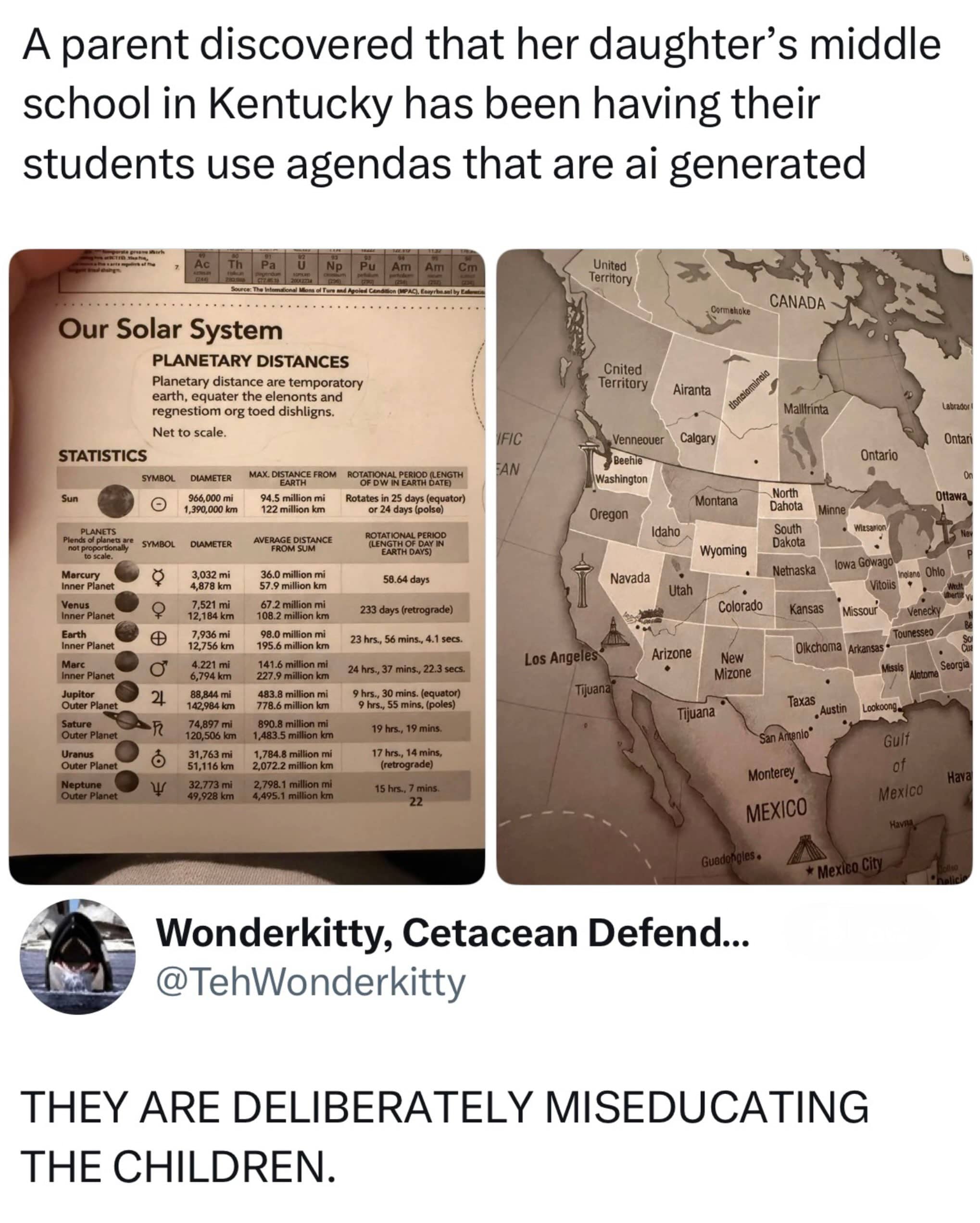 Funny meme showing AI generated school agenda pages with gibberish words and inaccurate geographical maps.