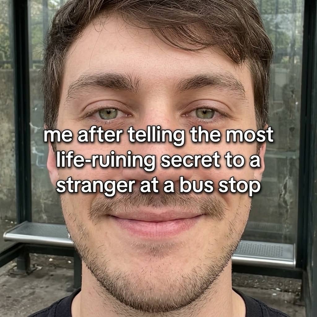 Close up man smiling after sharing a secret at a bus stop funny meme.