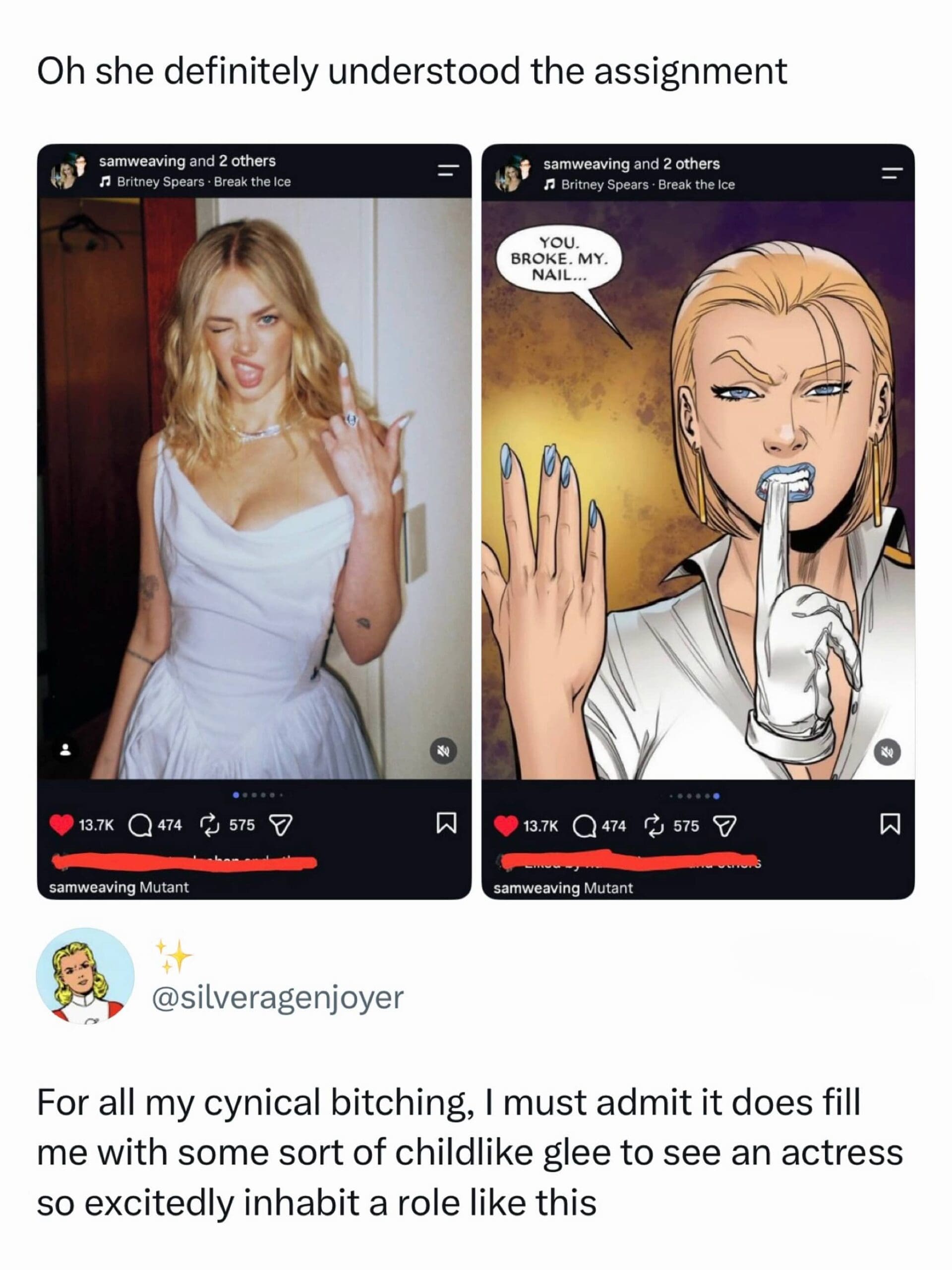 Post comparing an actress recreating a comic book character pose for a movie role.