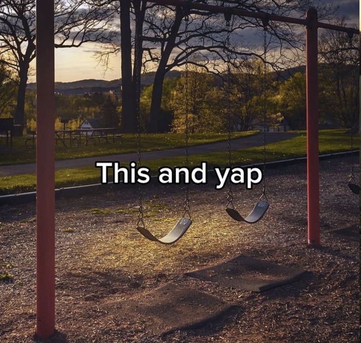 Two empty playground swings at sunset with text reading this and yap funny memes.