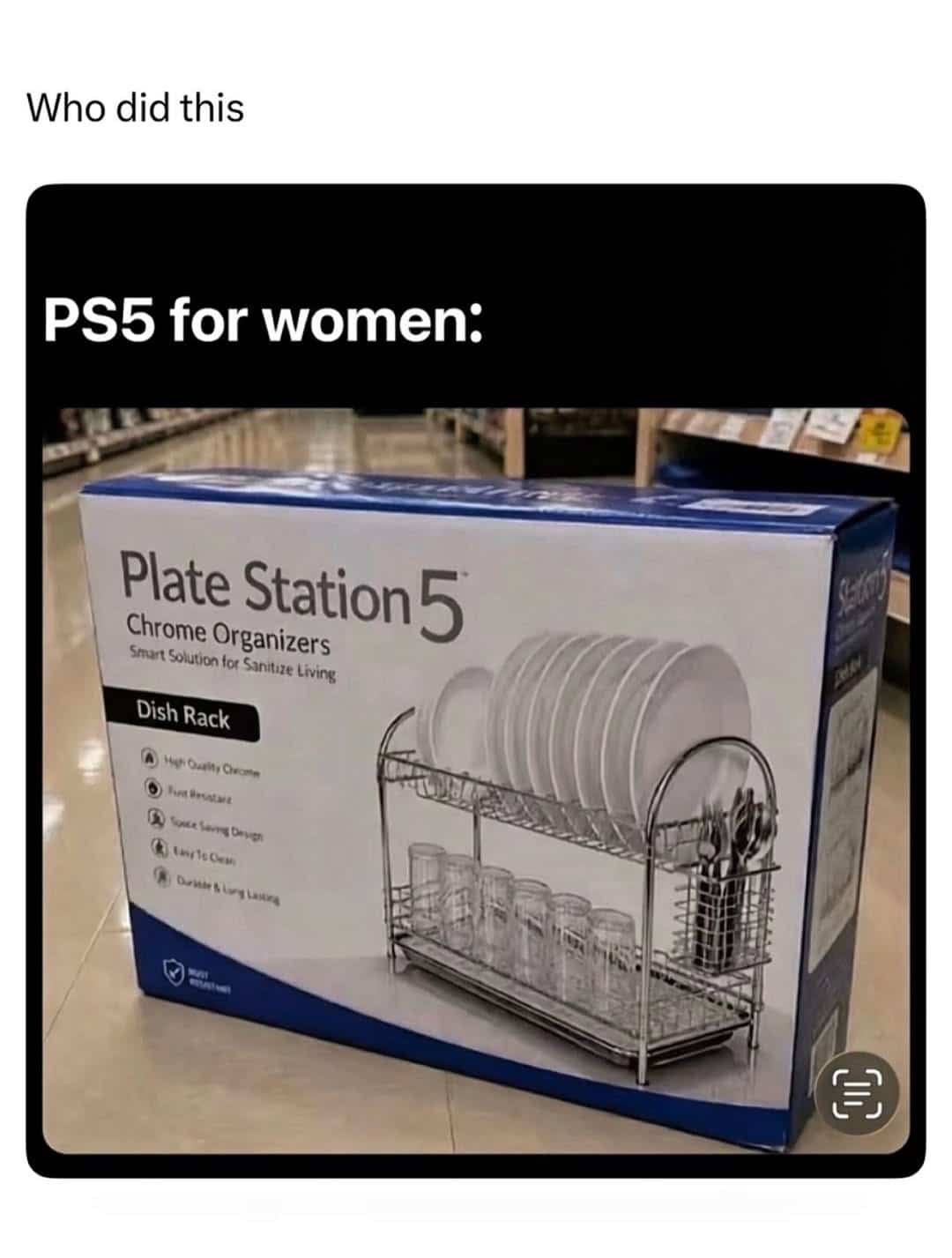 Retail product box for a dish rack labeled Plate Station 5 poking fun at PS5 consoles.