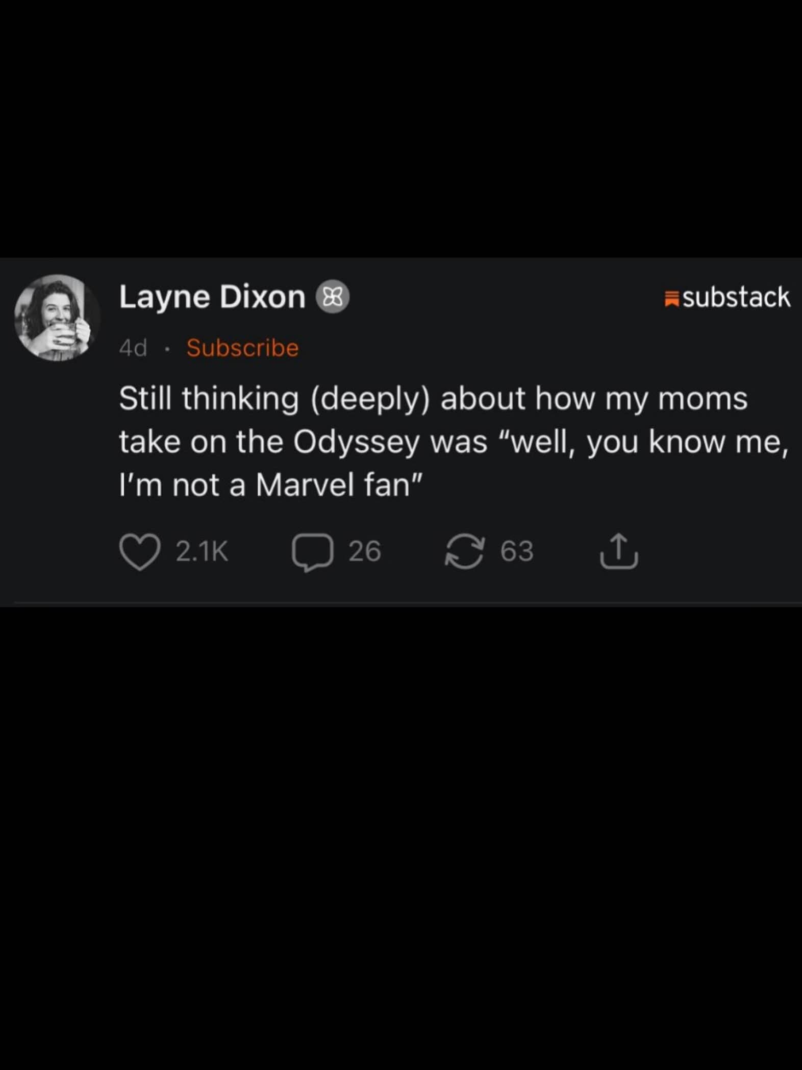 Substack post about a mother mistaking Homer's epic poem The Odyssey for a Marvel movie.