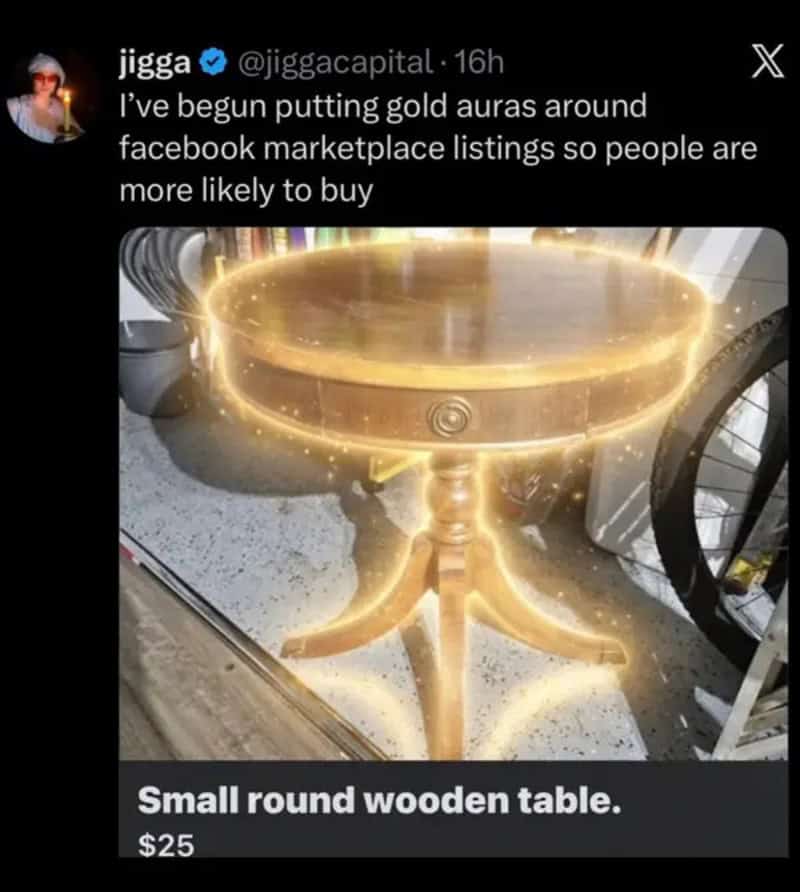 Online marketplace screenshot meme showing a wooden table edited with a glowing golden video game aura.