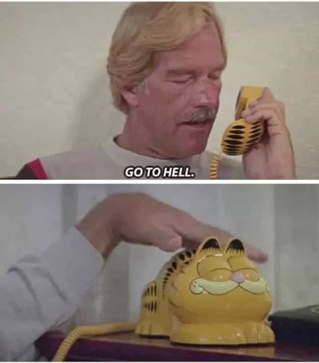 Funny TV scene meme featuring an angry man aggressively hanging up a Garfield shaped telephone.