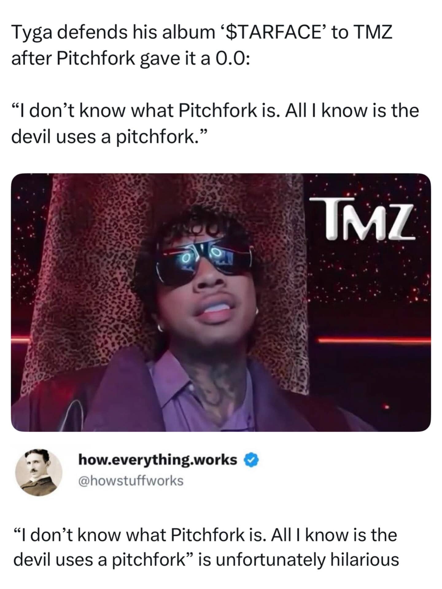 Funny meme about rapper Tyga responding to a zero rating album review on music websites.