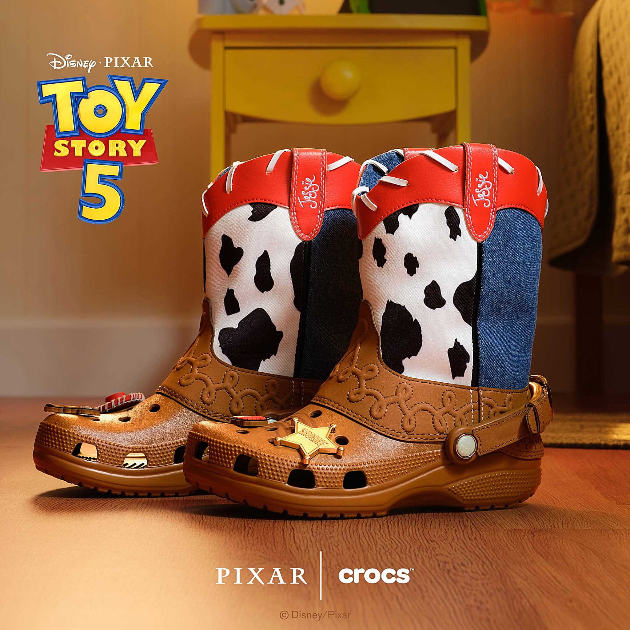 Toy Story 5 themed Woody and Jessie Crocs cowboy boots on wooden floor, funny memes.