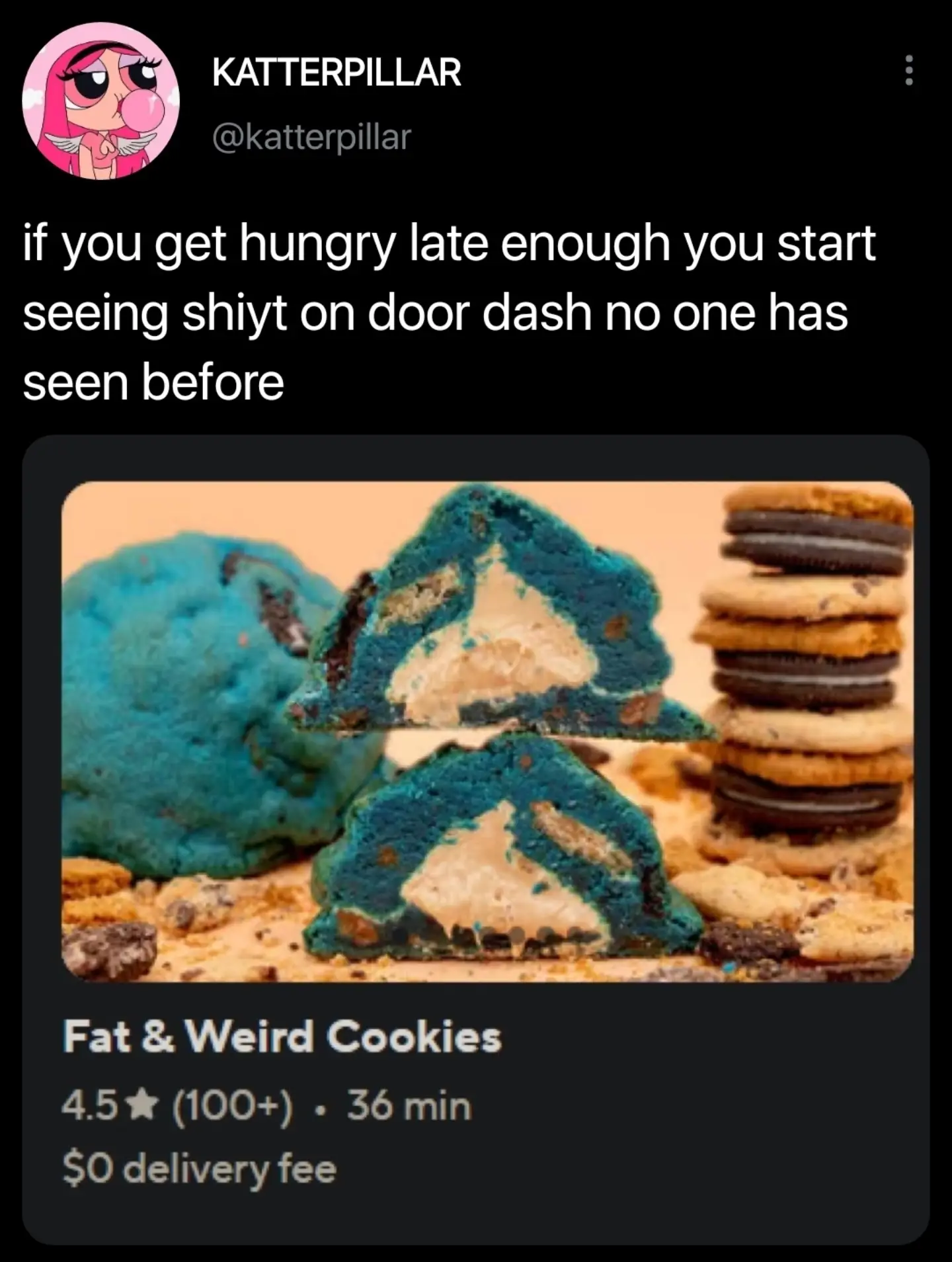 DoorDash food delivery app screenshot featuring blue Fat and Weird Cookies listing at night.