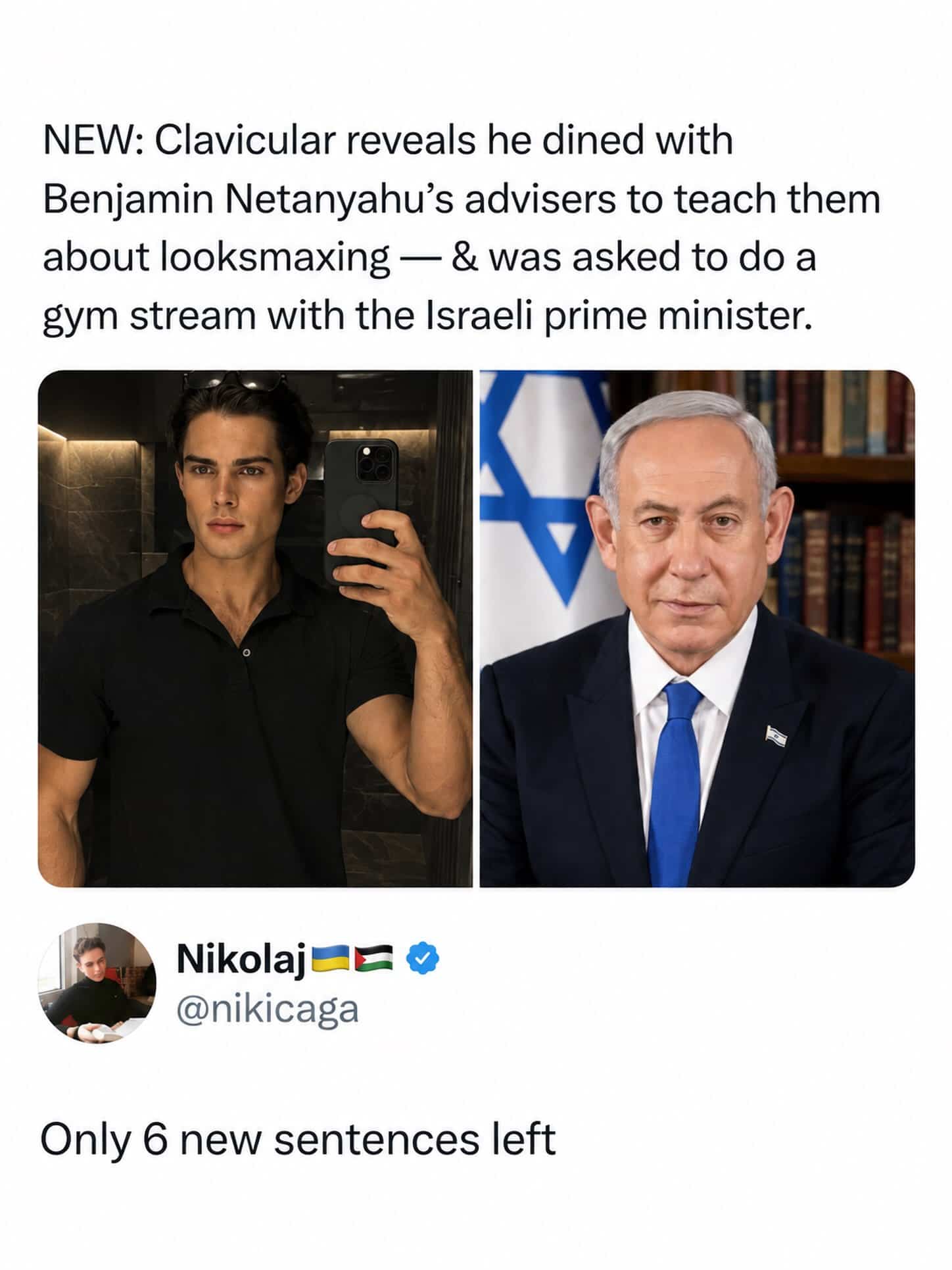 News headline social media post pairing model Clavicular and Israeli Prime Minister Benjamin Netanyahu side-by-side.