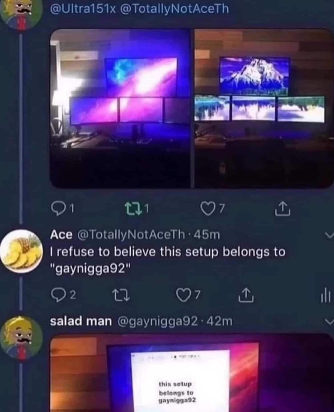 Social media interaction showing proof of a high-end multi-monitor gaming computer setup belonging to user.