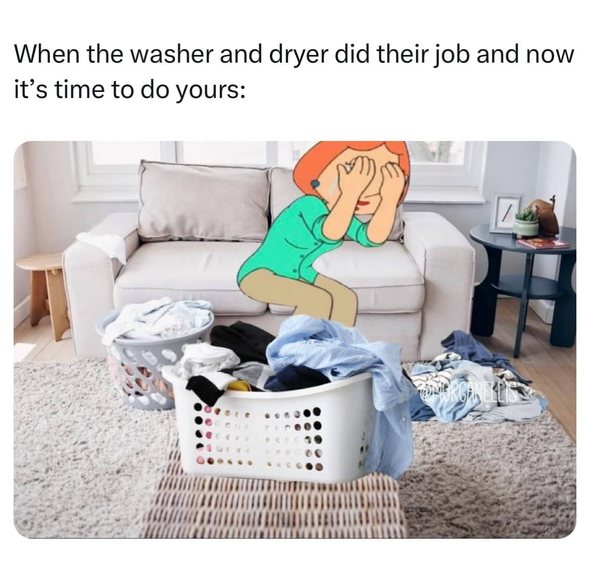 Cartoon character Lois Griffin crying over laundry baskets in living room funny chores meme.