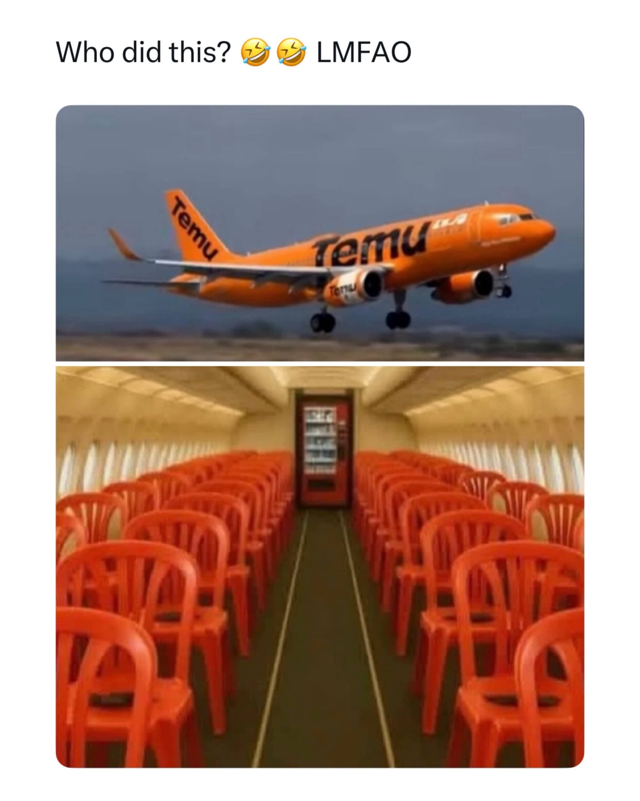 Funny meme depicting a budget Temu airplane interior filled completely with cheap plastic lawn chairs.
