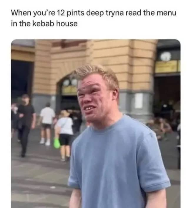 Funny face expression meme depicting trying to read a menu after drinking twelve pints.