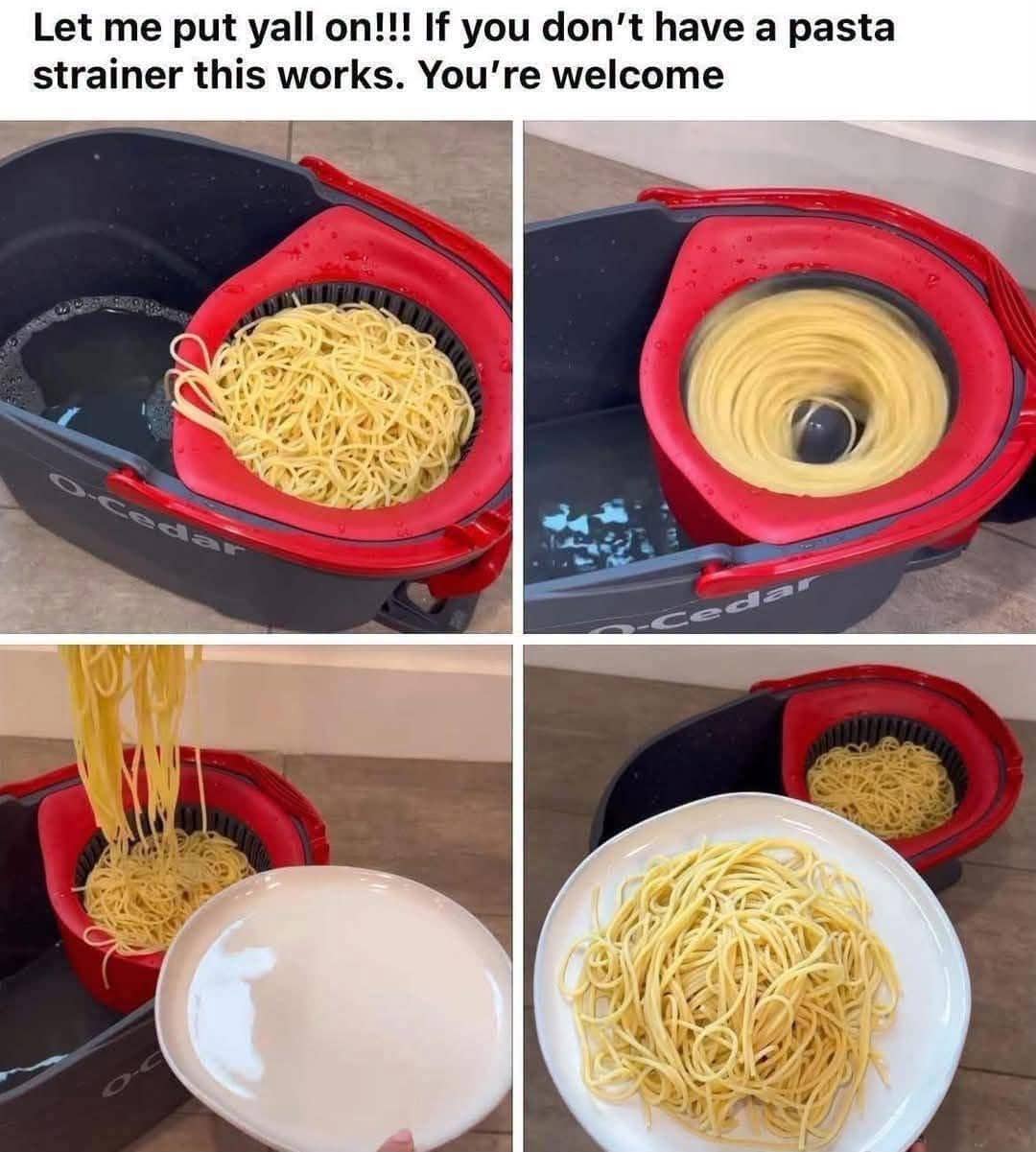 Life hack joke meme showing cooked spaghetti being drained using a spinning mop bucket colander.