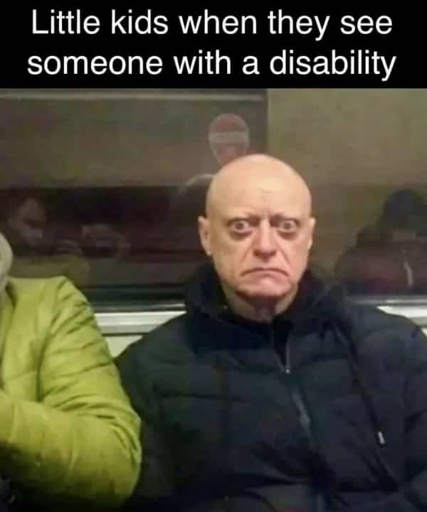 Relatable public transit meme with a wide-eyed stare representing how young kids look at people.