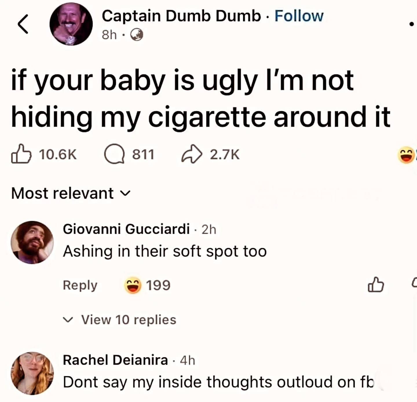 Dark humor Facebook comment section screenshot meme making wild jokes about smoking near babies.