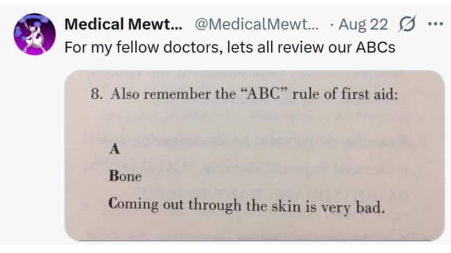 Medical humor meme showing a book page defining the ABC rule of first aid.