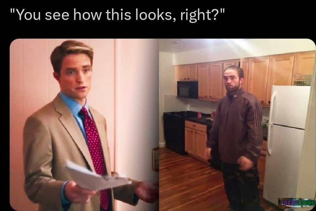 Side by side meme comparison showing actor Robert Pattinson wearing suit versus casual tracksuit.