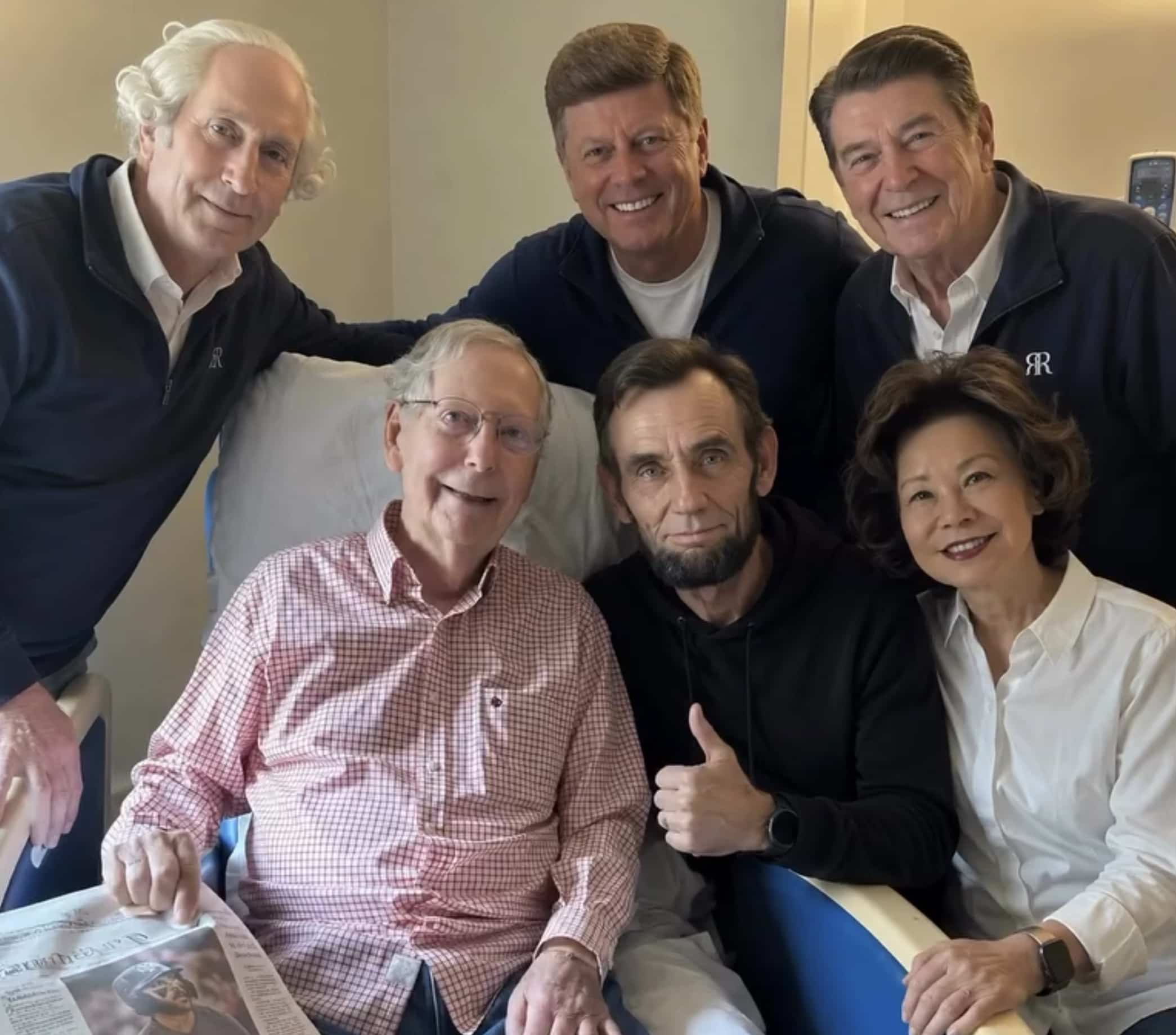 Edited group photo depicting politician Mitch McConnell surrounded by historic figures including Abraham Lincoln and Ronald Reagan.
