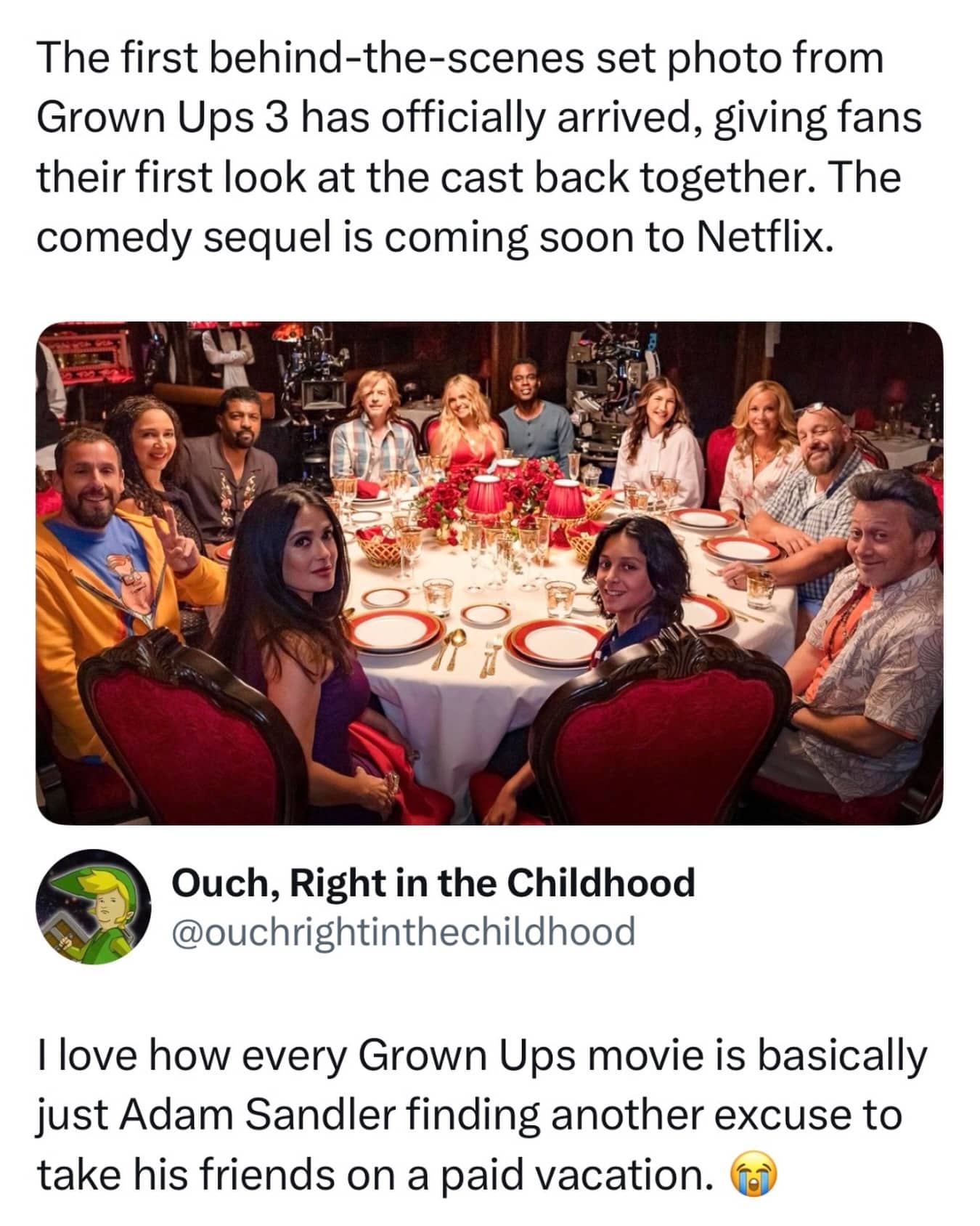 Grown Ups movie cast dining together at table in viral celebrity comedy film meme tweet.